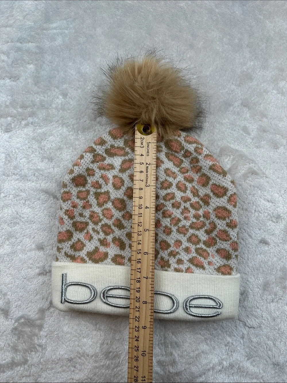 Bebe Leopard Print Knit Beanie Hat Faux Fur Pom Pom OSFM Winter Cap Women’s